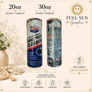 May include: Two stainless steel double-wall insulated skinny tumblers, available in 20oz and 30oz sizes, featuring a graphic design that mimics a Lucas Oil Non-Chlorinated Brake Parts Cleaner can, complete with a lid and straw for each tumbler.