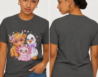 Bauernhof-T-Shirt, Pastellfarbenes Kuh-Küken-Kätzchen-Shirt, süßes Cottagecore-Geschenk