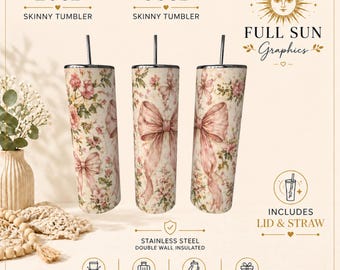 Floral Bow Tumbler | Pink Vintage Coquette Style Stainless Steel Travel Mug