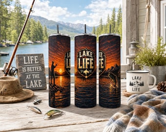 Fishing Tumbler|Sunset Fishing Tumbler, Stainless Steel Lake Life Travel Mug, Outdoor Adventure Gift