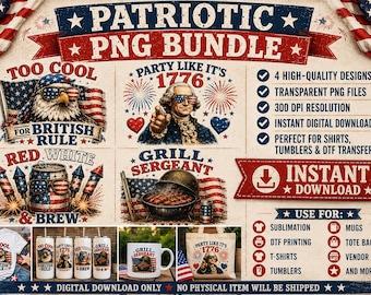 Pacchetto di immagini PNG patriottiche / Disegni vintage americani per il 4 luglio (Download digitale)
