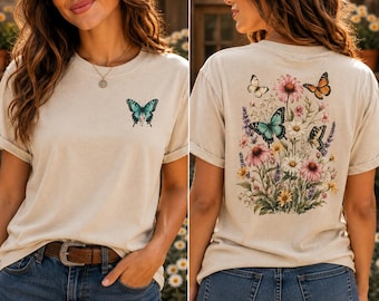 T-Shirt mit Wildblumen- und Schmetterlingsmotiv, Cottagecore-Blumenmuster, Geschenk für Naturliebhaber