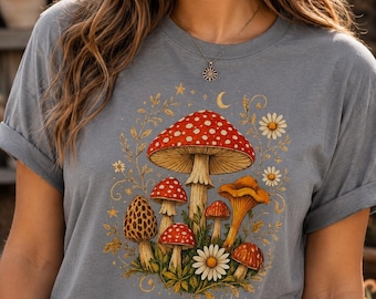 Cottagecore-Pilz-Shirt, T-Shirt mit himmlischem Wildblumenmotiv, Geschenkidee für Naturliebhaber