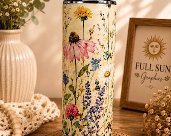 Wildflower Tumbler, Cottagecore Floral 20oz Stainless Steel Travel Cup