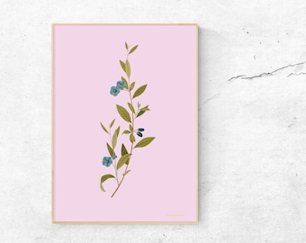 Affiche éco vintage à fleurs bleues | Impression numérique botanique douce rétro
