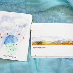 Ensemble de 2 cartes de voeux pour Thanksgiving, carte de feuilles rouges aquarelle, carte postale de vacances d'automne, joyeux Thanksgiving d'automne, cartes de paysage d'automne