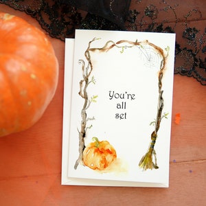 Cartões de Halloween, Cartão de aquarela sazonal, Conjunto de cartões de Halloween, Cartão de feriado de outono, Papelaria de Halloween, Cartão engraçado de vassoura de bruxa