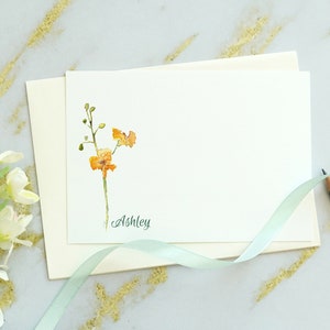 Benutzerdefinierte Briefpapier, Grußkarten handgefertigt, Aquarell orange Blumen Grußkarten, personalisiertes Briefpapier-Set. Rosenholz .