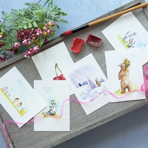 Jeu de cartes faites main à l'aquarelle amusante pour les amis et la famille. Jolies cartes illustrées à l'aquarelle pour les proches.