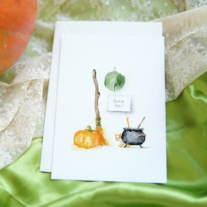 Cartes de voeux d'Halloween, carte saisonnière d'aquarelle, jeu de cartes d'Halloween, carte de vacances d'automne, papeterie d'Halloween, carte drôle de manche à balai de sorcière