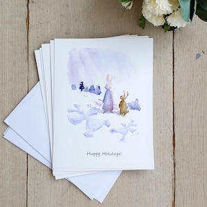 Biglietti di Natale fatti a mano, biglietti d'auguri natalizi personalizzati, confezione di biglietti di Natale, biglietti di auguri di Buon Natale, illustrazioni di coniglietti di neve