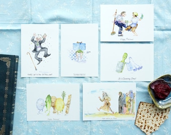 Passover Watercolor Cards, Jewish Holiday funny Card Pack, Holiday Card Set, Seasonal Card, Handmade Watercolor happy Passover funny Cards.