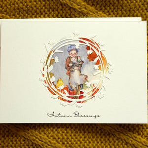 Conjunto de cartões de agradecimento em aquarela feitos à mão, cartão postal de outono com folhas vermelhas e abóboras, cartão de menino fofo e um gato no outono