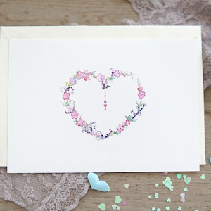 Biglietti d'amore acquerellati per amici e familiari, biglietto con ghirlanda di fiori viola, biglietto per San Valentino e anniversario, biglietto floreale acquerellato