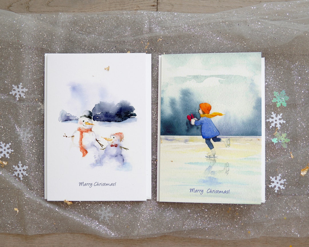 2 Christmas Cards, Watercolor Holiday Art Cards, Set of Christmas ...