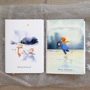 2 cartes de Noël, cartes d'art aquarelle pour les fêtes, jeu de cartes de voeux Noël hiver, cartes Joyeux Noël, cartes de voeux Père Noël