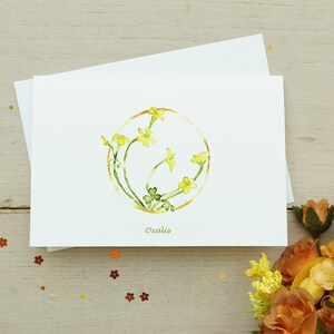 Aquarell Blumenkarten für Freunde und Familie, Gelbes Blumenkartenset, Valentinstag und Jubiläumskarte, Gelber Oxalis-Blumenkranz