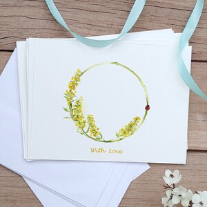 Aquarel liefdeskaarten voor vrienden en familie, gele bloemen kaartenset, Valentijnsdag en jubileumkaart, gele kattenstaart bloemenkrans
