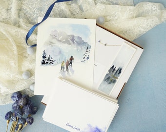 Caja de regalo para mejor amigo, caja de regalo navideña, caja de regalo azul, caja de regalo para amantes de los libros, juego de arte de invierno en acuarela, juego de regalo para suegra, regalo hecho a mano.