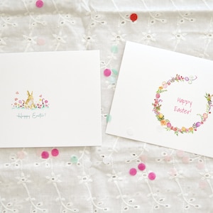 Conjunto de 2 cartões de felicitações de coelhinho da Páscoa, conjunto de 2 cartões de Páscoa em aquarela, cartões de Páscoa engraçados, cartão de guirlanda de flores feito à mão