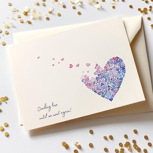 Conjunto de cartões de agradecimento em aquarela feitos à mão em rosa e roxo com saudades ou amor