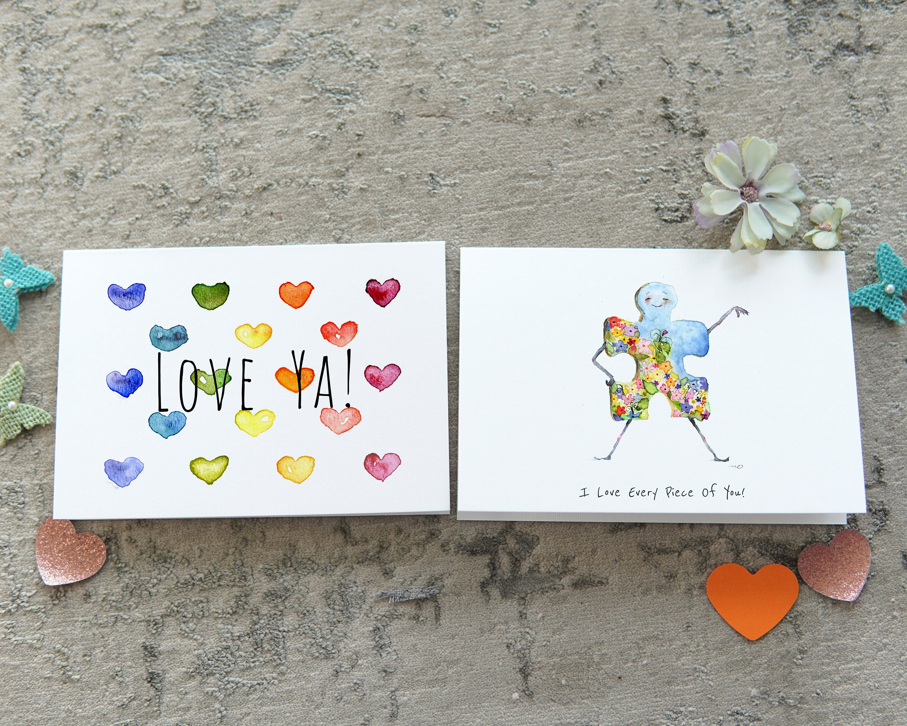 ★ORIGINALアート GIVE LOVE Away 2day 2 Love Greeting Card Set, Watercolor Valentin's Day Card Set of 2