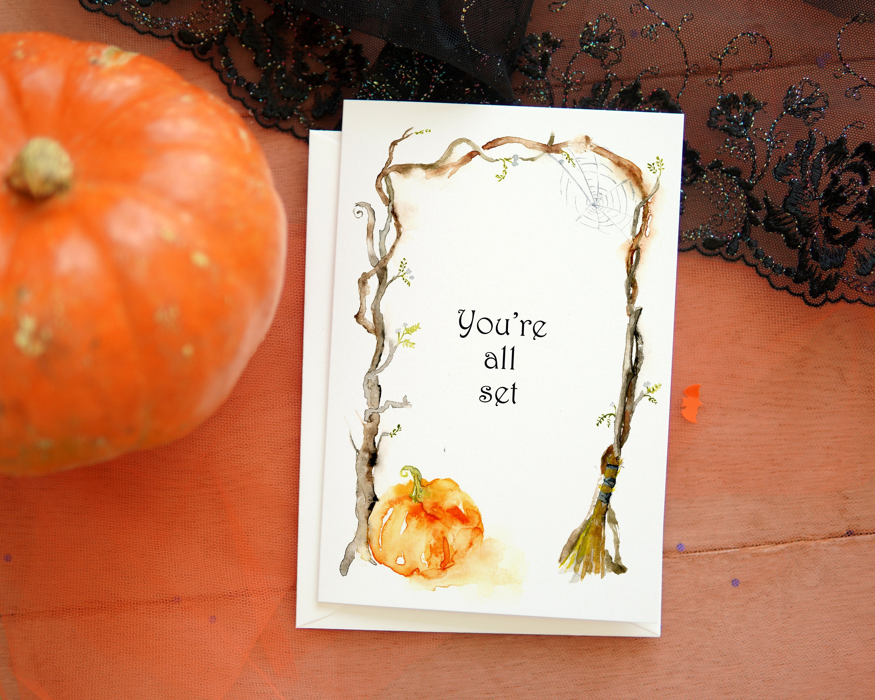 Funny Halloween Watercolor Card Set, Fall Holiday Card, Handmade ...
