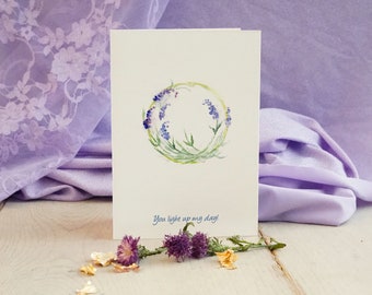Watercolor Thank You Cards for friends and family, purple Floral Card Set, Lavender wreath flower watercolor appreciation card