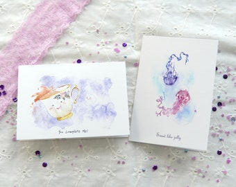 2 Love greeting Card Set, Watercolor Valentin's Day card, Funny Anniversary card