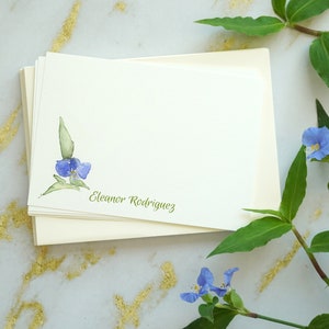 Aangepast briefpapier, handgemaakte notitiekaarten, aquarel paarse bloemen notitiekaarten, gepersonaliseerde briefpapierset. Commelina-kunst.