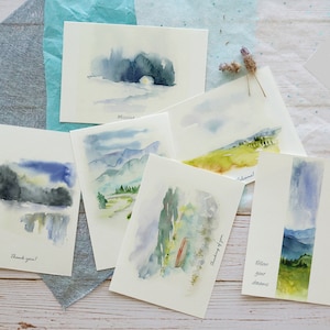 Conjunto de cartões de aquarela, cartões de paisagens e cenários pintados, cartões inspiradores para amigos e familiares, cartões de agradecimento e pensando em você
