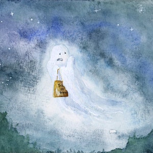 K&ouml;nnte beinhalten: Ein Aquarellbild eines wei&szlig;en Geistes, der eine braune T&uuml;te mit der Aufschrift "Trick or Treat" h&auml;lt. Der Geist schwebt in einem sternenklaren Nachthimmel.