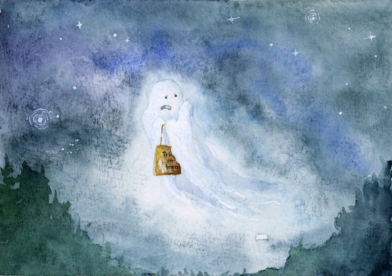 K&ouml;nnte beinhalten: Ein Aquarellbild eines wei&szlig;en Geistes, der eine braune T&uuml;te mit der Aufschrift "Trick or Treat" h&auml;lt. Der Geist schwebt in einem sternenklaren Nachthimmel.