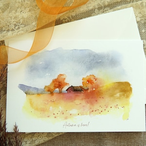 Conjunto de cartões de agradecimento, cartões com folhas vermelhas em aquarela, cartão postal de feriado de outono, feliz dia de ação de graças no outono, cartões com paisagens de outono