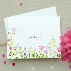 Cartes de remerciement aquarelles pour les amis et la famille, jeu de cartes florales aquarelles, carte de remerciement aquarelle fleurs des champs colorées.