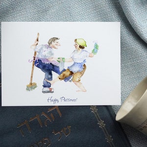 Cartões artesanais de Páscoa, cartões de feriado judaico, cartão engraçado de aquarela para celebração de Pessach, conjunto de cartões fofos, cartão de felicitações de limpeza de Páscoa,