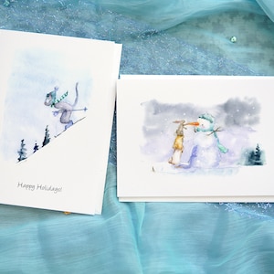 2 cartes de Noël, cartes d'art aquarelle pour les fêtes, jeu de cartes de voeux Noël hiver, cartes Joyeux Noël, cartes de voeux Père Noël
