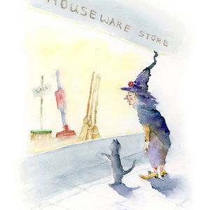 May include: A watercolor painting of a witch with a black cat standing in front of a houseware store. The store sign says "Houseware Store" and there is a "Sale" sign in the window. The witch is wearing a purple hat and dress, and the cat is black with white paws.