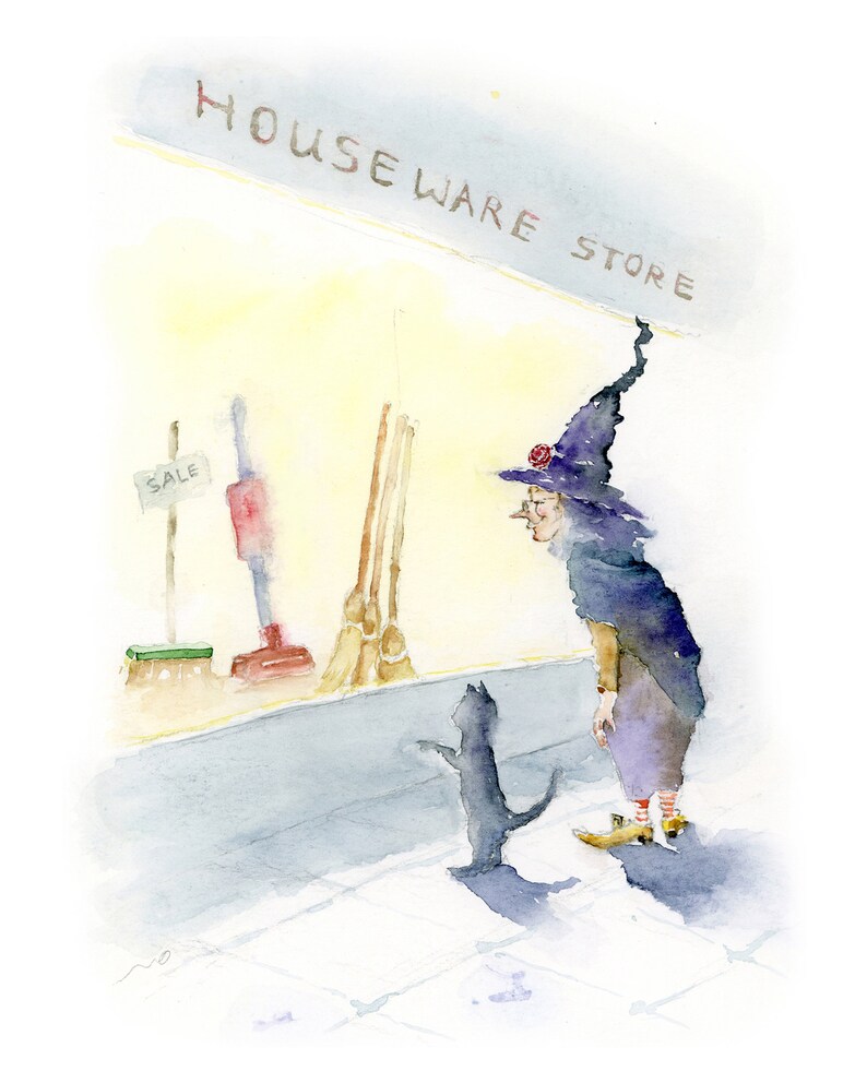 May include: A watercolor painting of a witch with a black cat standing in front of a houseware store. The store sign says "Houseware Store" and there is a "Sale" sign in the window. The witch is wearing a purple hat and dress, and the cat is black with white paws.