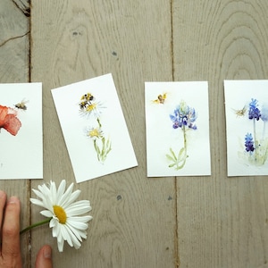 Aquarell Blumen Grußkarte Set, Blumen und Bienen Set mit 4 Karten, Lupin, Anemone, Gänseblümchen, Muscari und Bienen.
