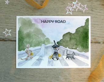 Halloween Grußkarten, Butterfly Road Halloween Karte, Aquarell Weihnachtskarte, Lustig Halloween Stationär, Gruselige Hexe Süßes oder Saures