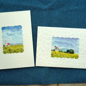 Coleção especial de conjunto de 2 cartões feitos à mão, cartões de arte em aquarela para BFF, conjunto exclusivo de cartões de paisagens em aquarela