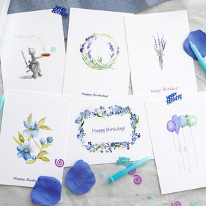 Happy Birthday Card set, funny assorted greeting Cards, Watercolor Celebration Card, Blue lover Greeting Card, Handmade floral greeting Card