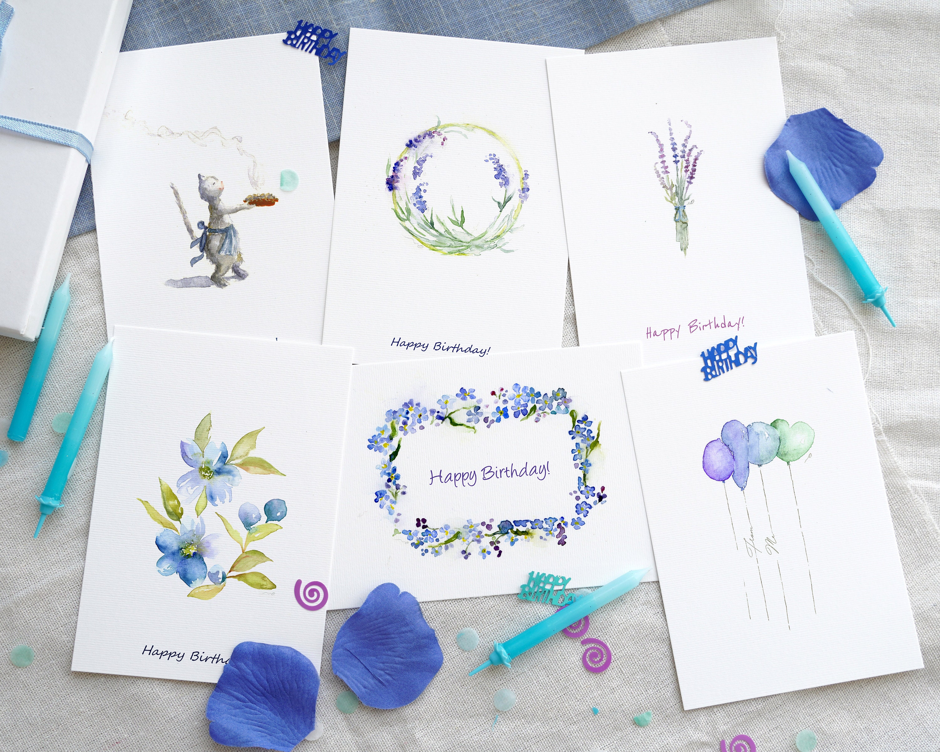 Happy Birthday Card Set, Funny Assorted Greeting Cards, Watercolor ...