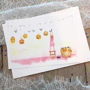 Cartes de voeux d'Halloween aquarelles, lot de cartes de papeterie d'Halloween, carte drôle de citrouille d'Halloween