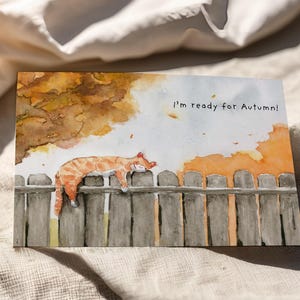 Grappige Thanksgiving-wenskaartenset aquarel geschilderd, aquarel pompoen en kat herfstkaarten, herfstvakantie Happy Thanksgiving-postkaarten