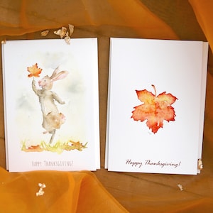 Ensemble de 2 cartes de voeux pour Thanksgiving, carte de feuilles rouges aquarelle, carte postale de vacances d'automne, joyeux Thanksgiving d'automne, cartes de paysage d'automne