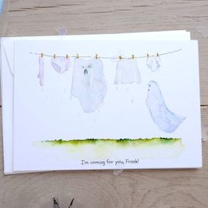 Cartões engraçados de Halloween, cartão de aquarela de outono, conjunto de cartões de Halloween, cartão de feriado de outono, papelaria de Halloween, cartão engraçado de fantasma assustador