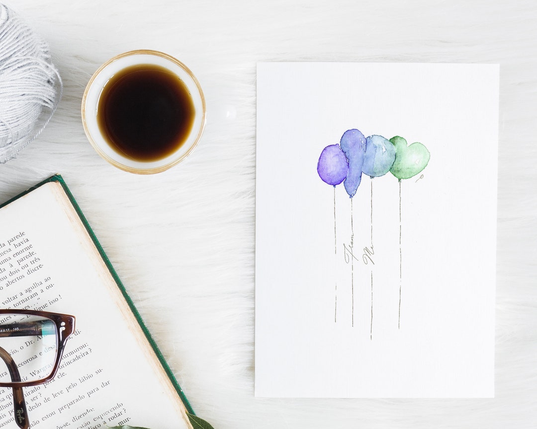 Printable Happy Birthday Card, Blue Balloon Greeting Card, Watercolor ...