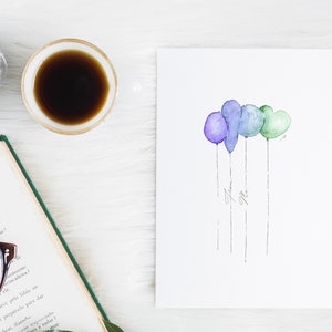 Printable Happy birthday card, Blue balloon greeting card, watercolor birthday card, Celebration Card, Watercolor Download Card,